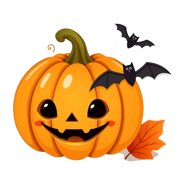 Smiling jack-o-lantern pumpkin with bats